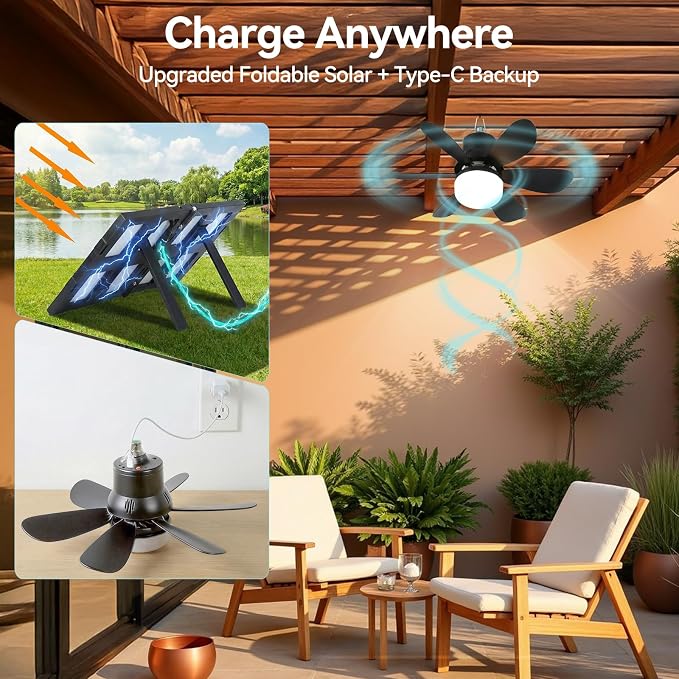 Portable Solar Ceiling Fan with Lights,18.5in Outdoor Fan with Foldable Solar Panel, Remote Control Stepless Dimmable, Timer, 3 Speeds 30dB, Tool-Free Setup for Camping Greenhouse Chicken Coop, Black