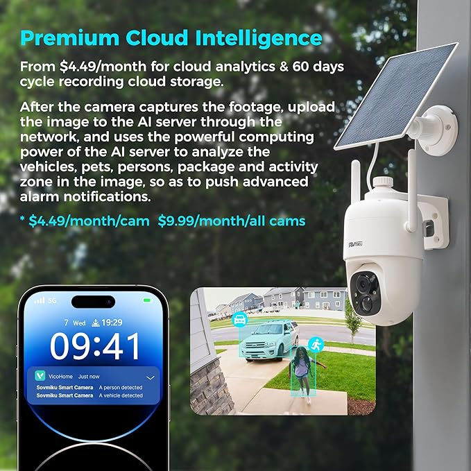 Vicohome 4CQ1 AI 2K Solar Security Camera Wireless Outdoor, Battery Powered,Two Way Audio,Motion Detection, 360° View,Easy to Setup,Color Night Vision,Audible Flashlight Siren,180 Days Exchange Policy