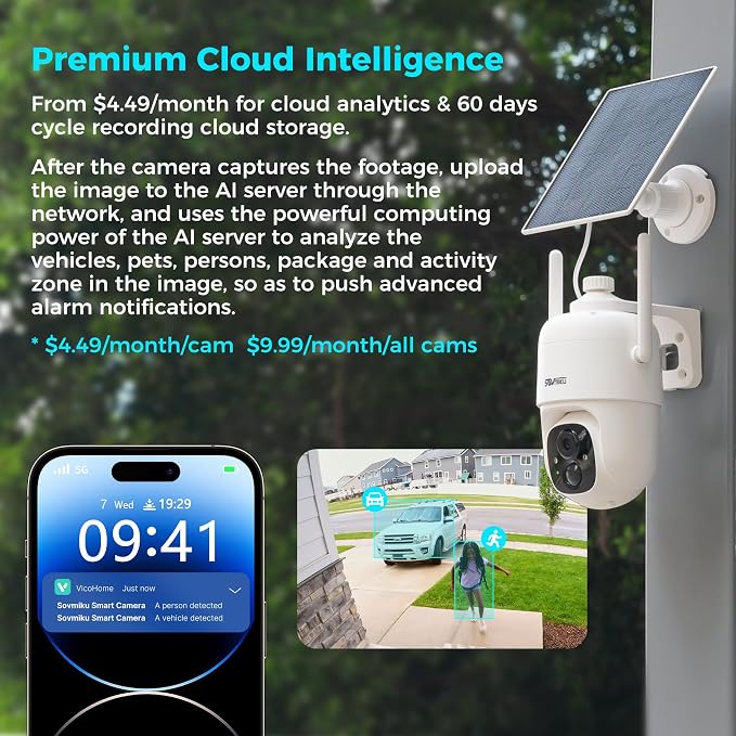 Vicohome 2CQ1 AI 2K Solar Security Camera Wireless Outdoor, Battery Powered,Two Way Audio,Motion Detection, 360° View,Easy to Setup,Color Night Vision,Audible Flashlight Siren,180 Days Care Plan