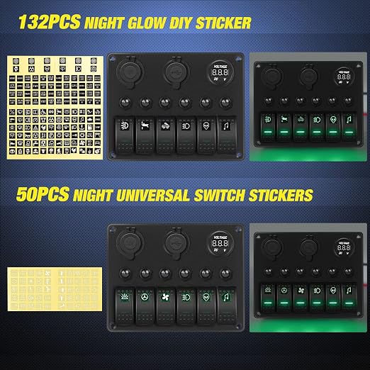 Nilight - 90123F 6 Gang ON Off Rocker Switch Panel Green Backlit 12V24V LED Digital Voltmeter Dual USB Charger Cigarette Lighter Socket Overload Protection Switch Panel For Cars RVs Boats