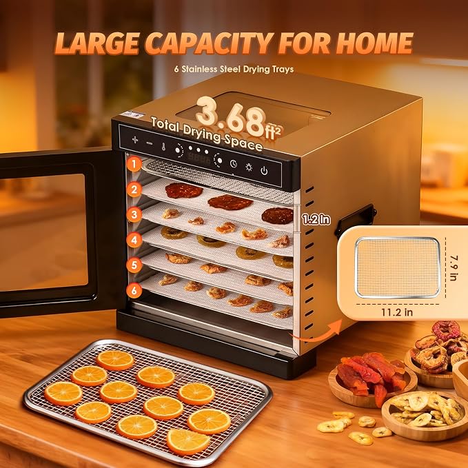Food Dehydrator Machine 6 Stainless Steel Trays with 194°F Max Digital Contral, 400W Electric Food Dryer with Dual-View Windows Design, Fruit& Meat Dehydrator for Jerky Vegetables Dog Treats