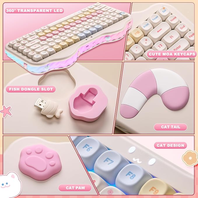 YUNZII C75 Wireless Mechanical Keyboard,75% Layout, Hot-Swappable NKRO,BT5.0/2.4G/USB-C Mode,Dye-Sub PBT MOA Keycaps,RGB Gasket Mount,Cute Cake Design for Mac/Win/Gaming (Beige, Milk V2 Switch)