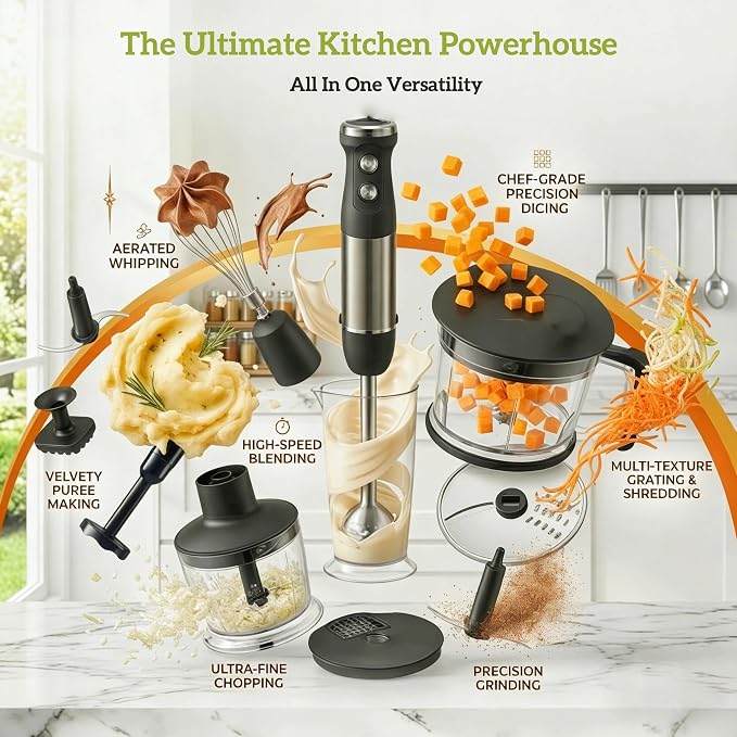 9 in 1 Immersion Blender for Dicer, Slicer, Shredder, Anti-Splash Stick Blender for Smoothies, Baby Food, Meat, Salad, Vegetable Chopper, Potato Masher
