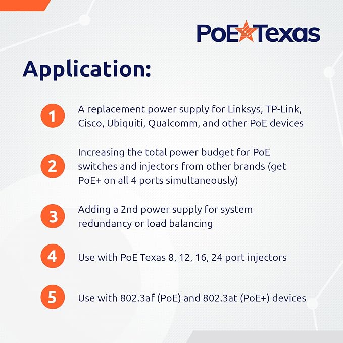 PoE Texas 56v 120w PoE Compatible Power Supply with Wall Mounting Tabs - Easy Installation for Long Distance Power Over Ethernet Network Switch, Injector, Adapter, Extender, 802.3af, 802.3at Devices