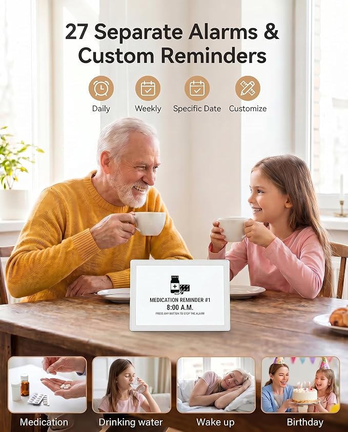 【Upgraded】11.5" Large Digtal Clock with Voice-Talking Day and Date for Seniors, Auto DST, 27 Alarms & Auto Dimmable, Non-Abbreviated Talking Clock for Elderly Dementia Alzheimers- White with Remote
