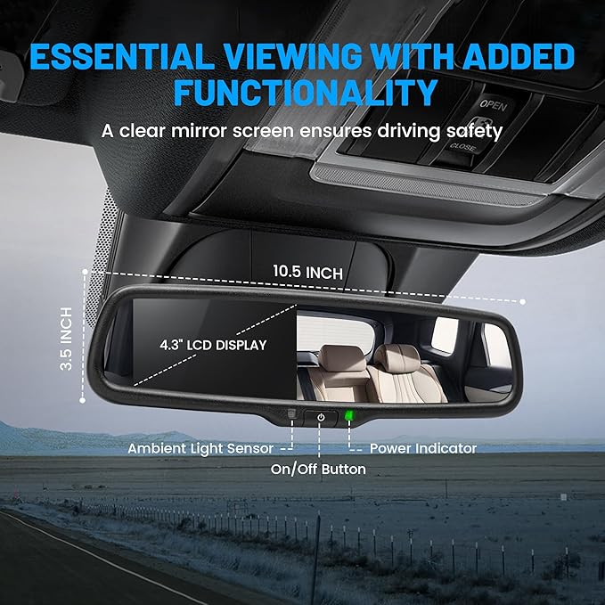 EWAY 4.3" LCD Rearview Mirror Screen OEM Look for Ford F150/250/350 2004-2015, Toyota Tacoma Corolla 2008-2014, Jeep Wrangler 2007-2018 Rear View Mirror Monitor Display with RCA for Backup Camera