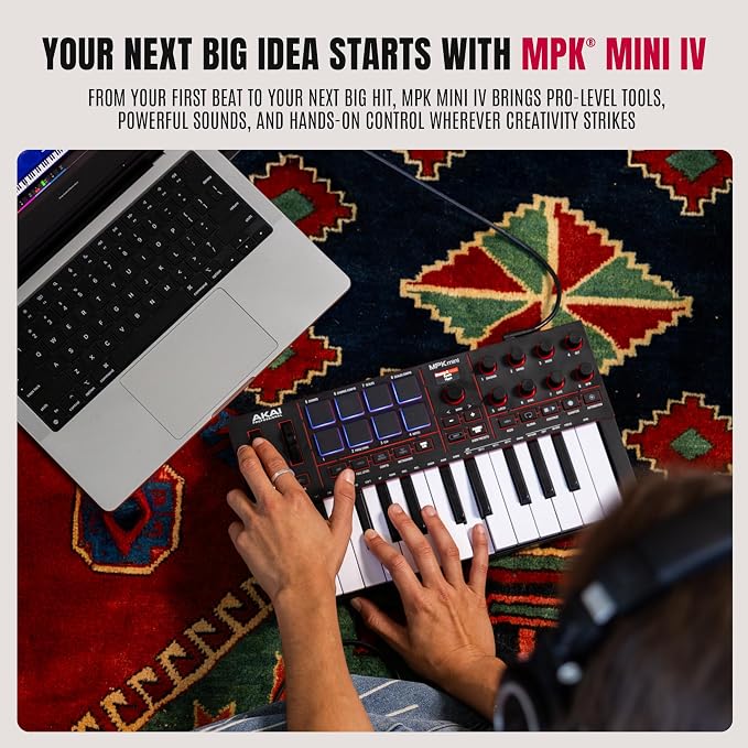 Akai Professional MPK Mini IV USB-C MIDI Keyboard Controller for Beginners and Producers - MPC Drum Pads, 360° Knobs, Pitch and Mod Wheels, Production Software, Native Instruments Sound Package, Black