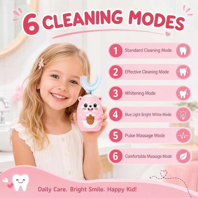 Kids U-Shaped Automatic Electric Toothbrush, Children’s 360° Mouthpiece Design for Full-Mouth Cleaning, 3 Cleaning Modes, Cute Animal Squirrel Style