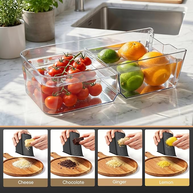 [All in 1] Vegetable Slicer with Adjustable Thickness, Easy to Clean Potato Mandoline Slicer with Container, Rapid Prep French Fry Veggie Cutter/Onion Slicer, Free Grater/Cleaning Brush (Black)