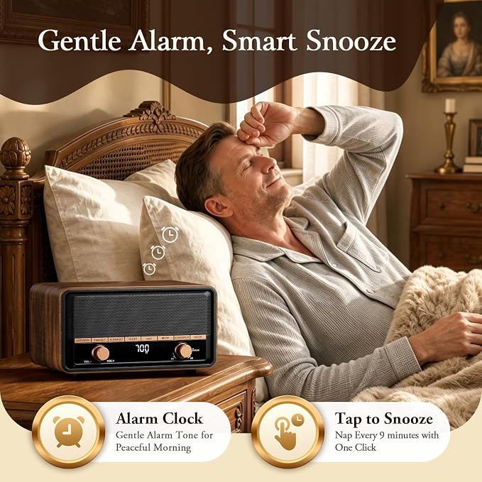 Vintage Wooden AM FM Radio with Bluetooth, Digital Clock Radio for Bedroom with 80 Station Presets, Tap to Snooze, Sleep Timer, Clear LCD Display for Home Office (Deep Walnut)