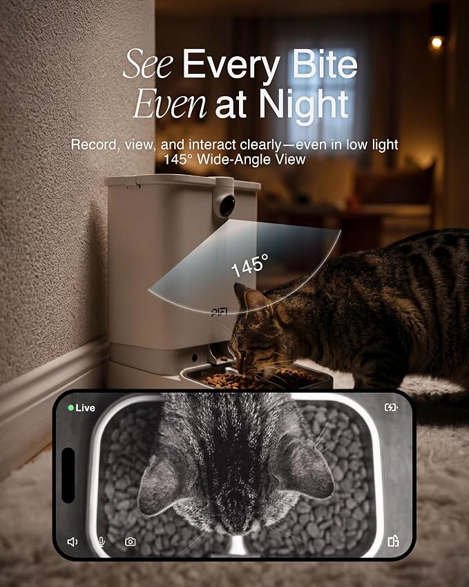 PiFi Automatic Cat Feeder with Camera for 3 Cats & Dogs, 6L Dual Dispenser, AI Recognition, 5GHz and 2.4GHz WiFi App Control, 1080p Dual Cameras, Night Vision, Two-Way Audio