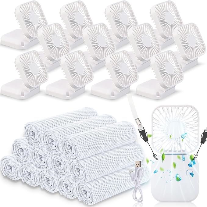 Hortsun 12 Personal Necklace Fan 12 Cooling Towels USB Rechargeable Battery 3 Speed Handheld Fan Portable Neck Hanging Fans Cooling Rags Bulk for Yoga, Sport, Camping, Fitness(White)