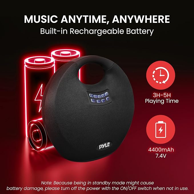 Pyle Portable Waterproof Bluetooth Speaker - 280 Watt Max Output Power, Wireless Music Streaming, Rechargeable Battery, MP3/WMA/FLAC Digital Audio File Support, & Remote Control Battery Operated