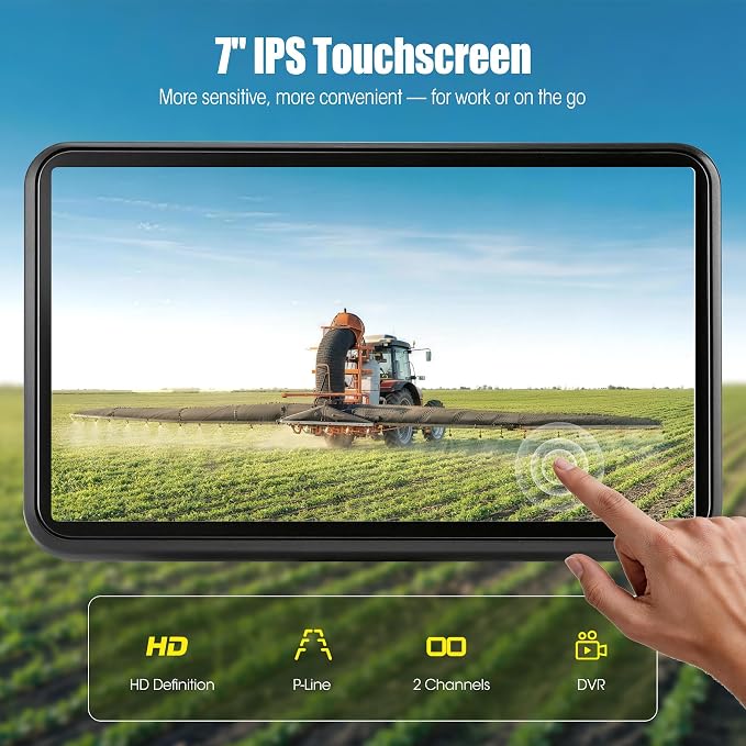 2 Wired Backup Camera System, 7" DVR IPS Touchscreen with Dual AHD IP69K Water/Dust Proof Rear Cameras, Vibration-Proof 20G for Hitching, Farm Work, UTV, Tractor, Truck, Trailer, Combine