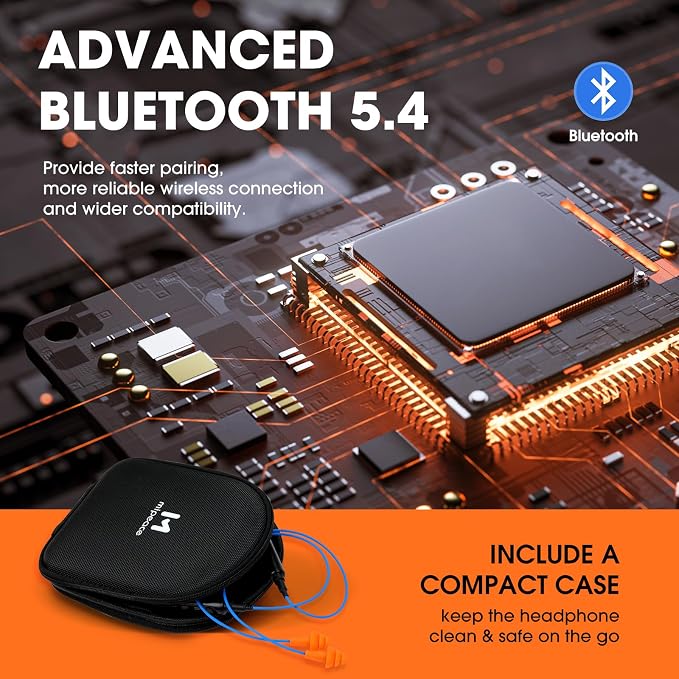 MIPEACE Bluetooth Earplug Headphones, Neckband Ear Protection Work earbuds-29db Noise Reduction Safety Headphones with Replacement Buds,19+Hour Battery for Lawn Mowing DIY (Orange)
