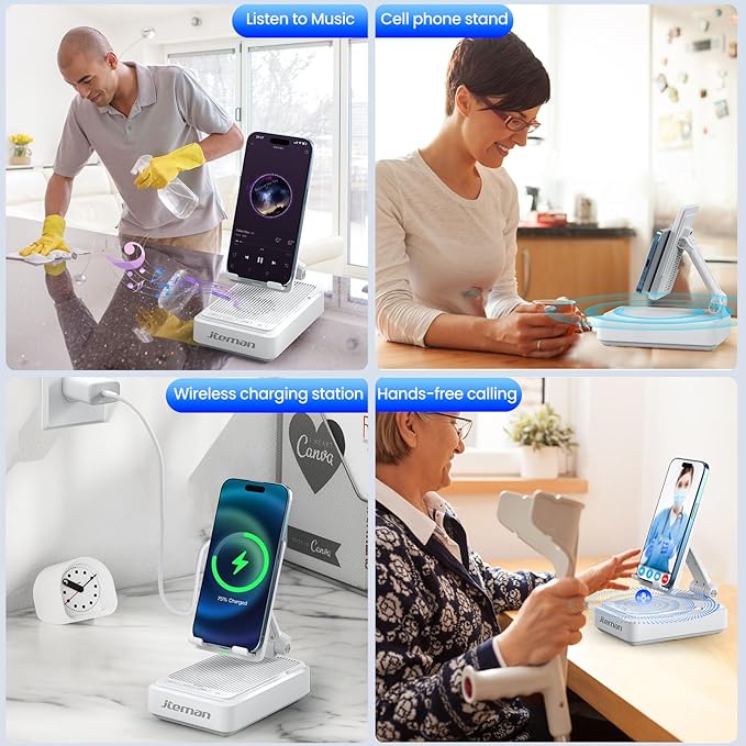 Jteman Cell Phone Stand with Bluetooth Speaker and Wireless Charger,Desktop Charging Station Stand Speaker for iPhone,Christmas Birthday Gift for Men Women (White)