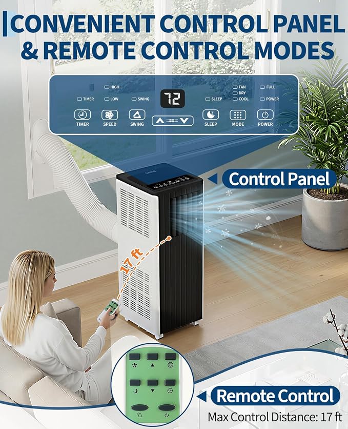 8000 BTU Portable Air Conditioner - 3 in-1 AC Unit Cools 350 Sq. Ft Rooms, Quiet 50 dB Operation w/Touch Control & Remote, Window Kit & 24H Timer, Dehumidifier & Fan Modes for Bedroom, Black Top