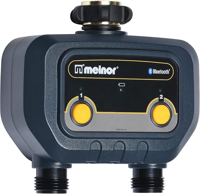 Melnor 65183AMZ Bluetooth Hose Timer, 2-Zone Programmable Watering Timer, Quick Connect Bundle, Black, Yellow