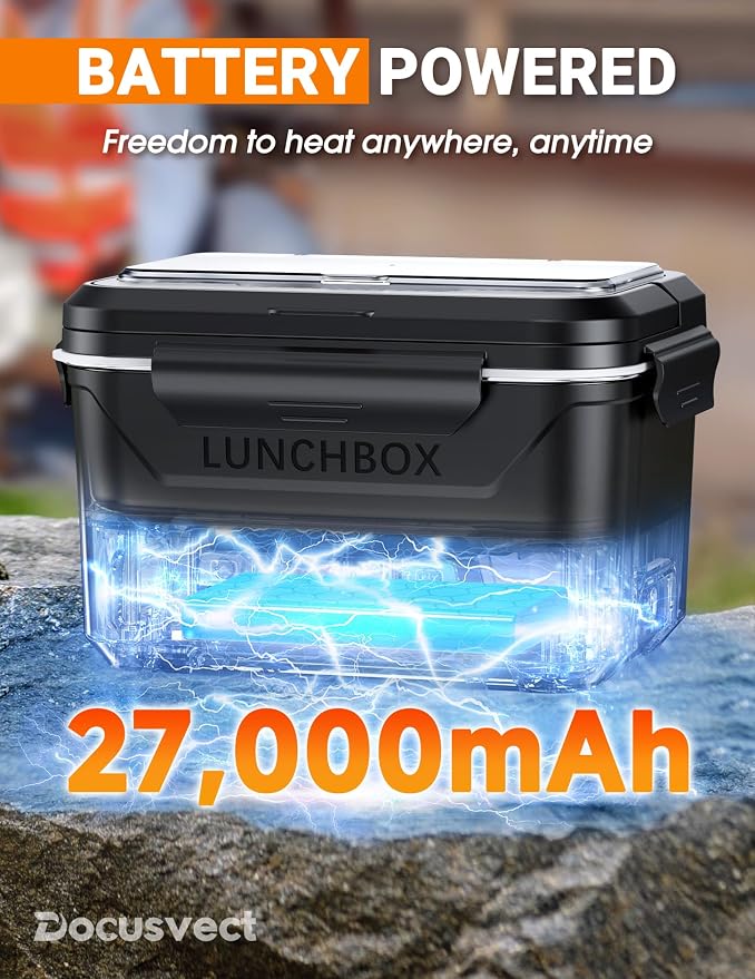 Docusvect Rechargeable Heated Lunch Box for Men, 1.5L Cordless Electric Lunch Box for Adults with Smart Scheduled Heating, Portable Food Warmer with Complete Accessories