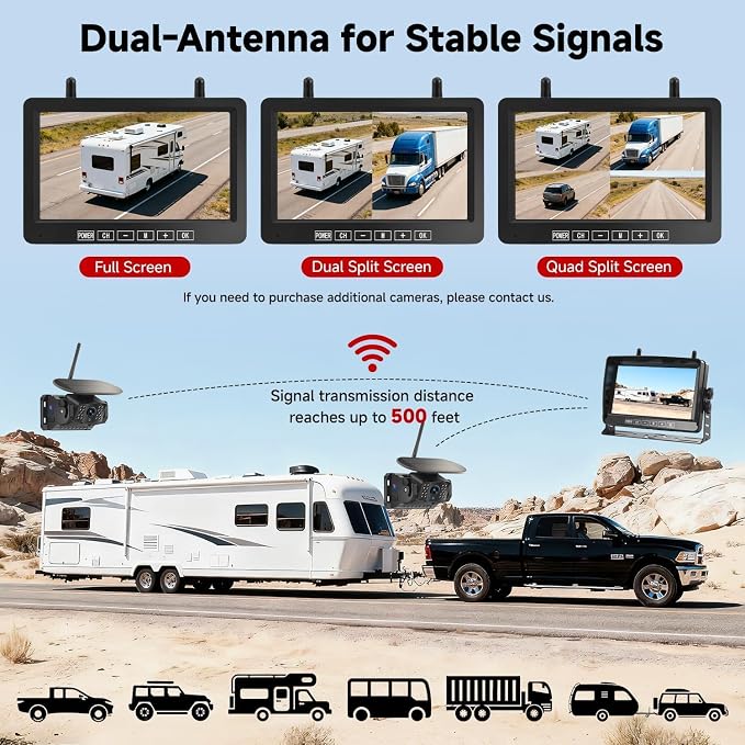 Dual Wireless Magnetic Backup Camera with 7” 1080P HD 4CH Monitor | Solar 15000mAh Rechargeable Night Vision Rear Camera, DVR Loop Recording Waterproof No Delay for Truck RV Camper Trailer Boat