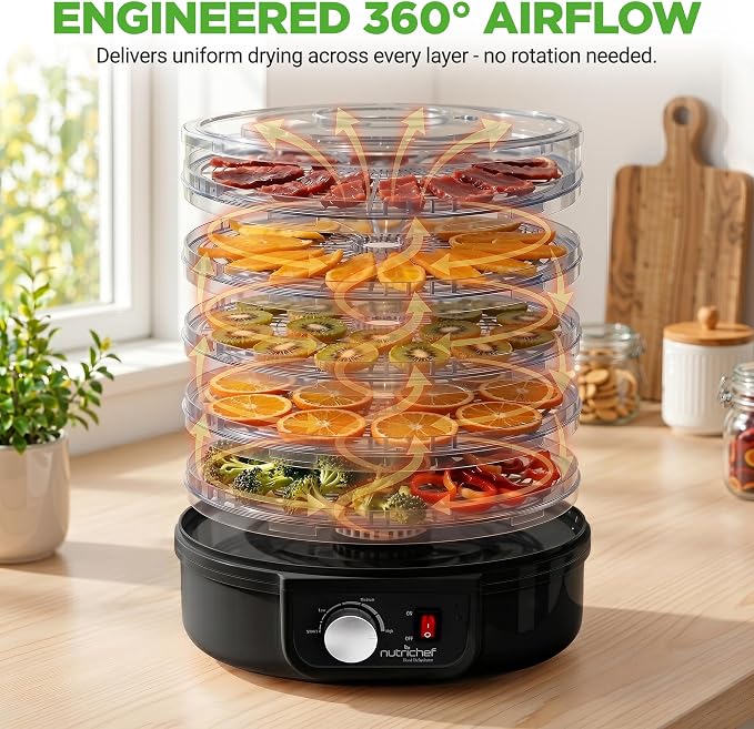 NutriChef Food Dehydrator Machine, Ideal for Jerky, Meats, Mushrooms, Fruits & Vegetables - BPA Free & Even Dehydration - 5 Easy to Clean Trays
