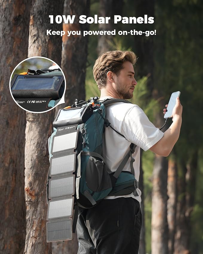 Solar Charger Power Bank 20000mAh: 10W Foldable 5 Solar Panels Pack and Hand Crank Portable Wireless Charger PD QC 3.0 Fast Charging USB C Battery Pack with Flashlight for Camping Travel