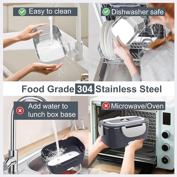 Electric Heated Lunch Boxes Adults: 80W Electric Lunch Box Food Heated 12/24/110V 1.5L Heatable Lunch Box for Car/Truck/Office Leak-Proof Stainless Steel Container, Fork & Spoon, Bag (Dark Grey)