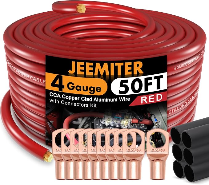 Jeemiter 4 Gauge Red CCA Copper Clad Aluminum Wire (50FT) - Primary Automotive Wire,Car Amplifier Power/Ground Cable,Battery Cable with Lugs & Heat Shrink Tube for Car Audio Speaker,Solar,RV,Auto