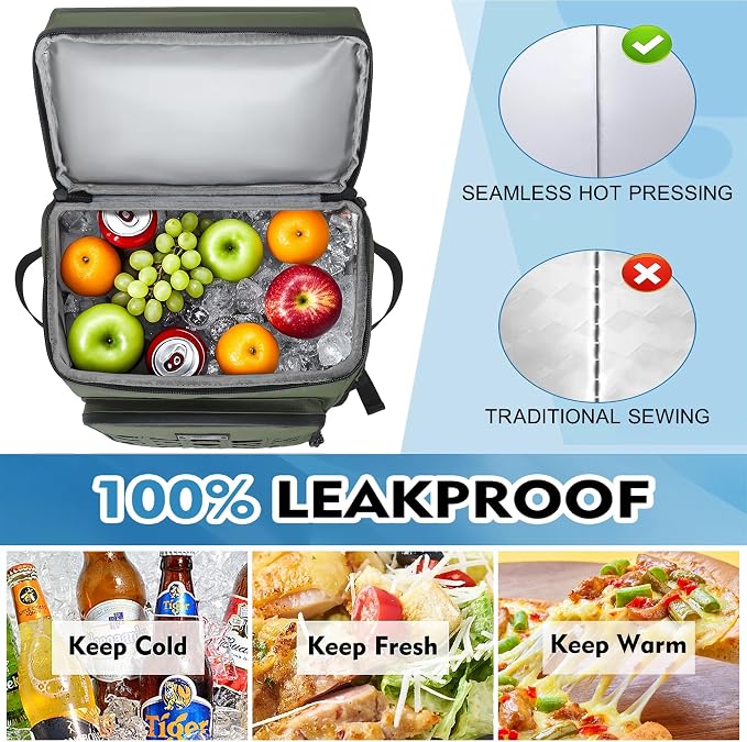 Cooler Backpack Insulated Waterproof for Men and Women, 2 Insulated Compartments Backpack Cooler for Beach Travel Camping, Portable Lightweight (Green, Large)