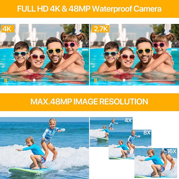 4K Underwater Camera with 64GB Card, 11FT Waterproof Camera Dual-Screen Selfie Underwater Cameras for Snorkeling 16X Digital Zoom Waterproof Digital Camera 2 Batteries (Black)