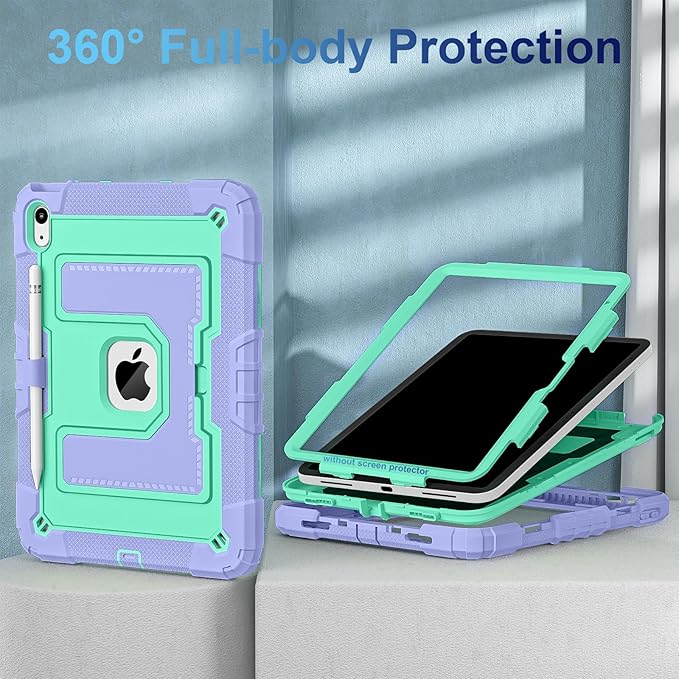 WESOROL Case for iPad A16 11th/10th Generation 2025/2022 with Pencil Holder Shoulder Strap iPad Case 10th Generation Shockproof Cover for iPad 11th/10th Gen Cases,Purple Green