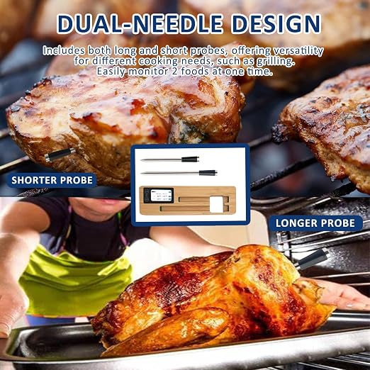 Wireless Smart Meat Thermometer - 656FT Bluetooth Range, 2 Probes, Rechargeable - Digital Cooking Thermometer for BBQ, Grilling, Oven, Smoker, Turkey, Beef - App Alerts & Monitor