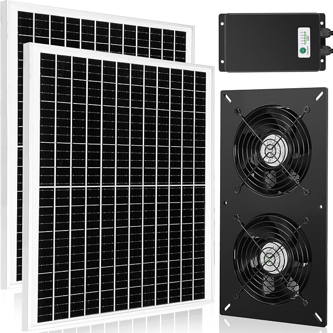 Fanspex Solar 2 Fan Kit with 66.6 Wh Battery Backup, 50W Solar Panel Powered Rechargeable Weatherproof Fans for Chicken Coop, Greenhouse & Shed
