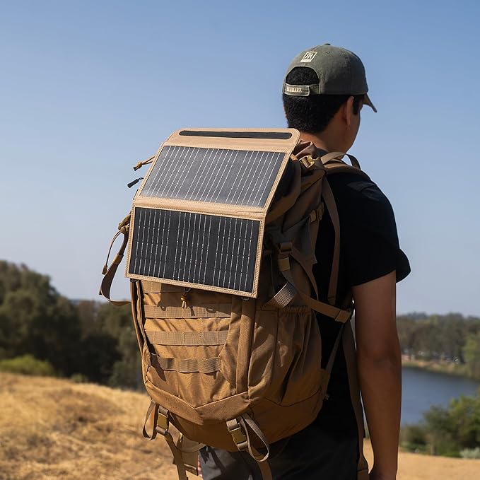 NESTOUT Portable Solar Panel, USB-C and USB-A Ports, 14W Solar Charger for Camping, Water Repellent Ripstop Nylon, Foldable Compact Design, Digital Ammeter, Adjustable Stand, Beige (2 Panel)