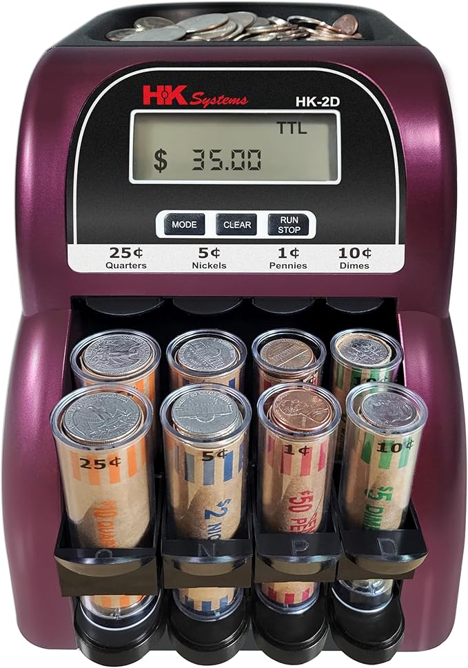 HK SYSTEMS HK-2D, Digital USD Coin Counter and Sorter with LCD Display, Sorts 260 Coins Per Minute into Coin Wrappers, 2 Row Coin Wrapper Tubes Included
