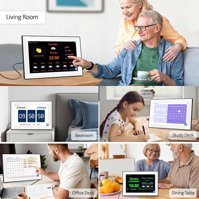 WiFi 10.1 Inch Digital Alarm Clock for Seniors, Large Display with Day/Date Smart Touchscreen Electronic Calendar 64 Alarms 64 Reminders Dementia Alarm Clock for Elderly（White）