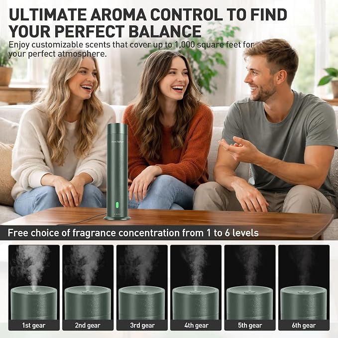 Waterless Scent Diffuser Starter Kit - 1000 Sq Ft Coverage, Hotel Scent Diffuser, Essential Oil Diffuser for Home & Large Room, Included 5 Scent Oils, Remote Control, SandGreen, 11In