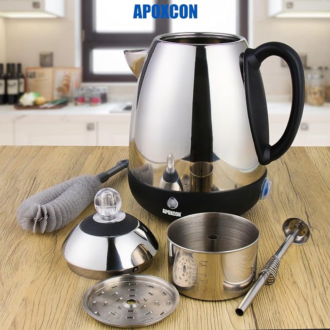 APOXCON Electric Coffee Percolator Stainless Steel Coffee Maker with Clear Brew Progress Knob & Cleaning Brush Auto Keep Warm Cordless Serving elegant design Coffee pot with On/OFF Switch (10 Cup)