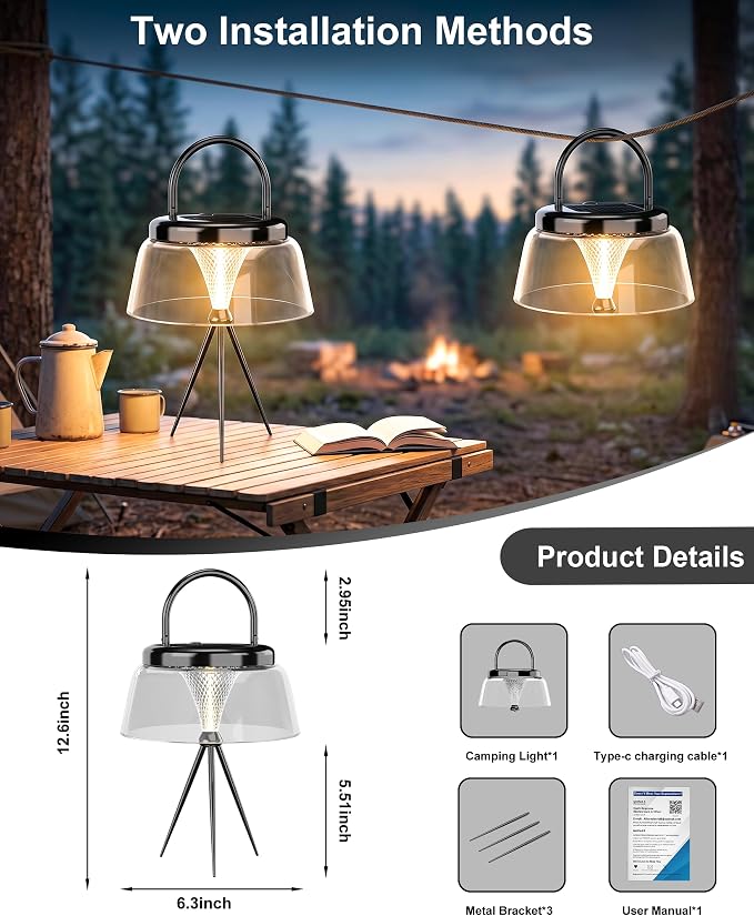 Solar Camping Lantern, Dimmable 360°COB LED Camping Light Rechargeable, IP65 Waterproof Portable Camping Lanterns, Hanging/Tabletop Lamp for Tent, Patio Decor, Emergency Power Outage(Black)