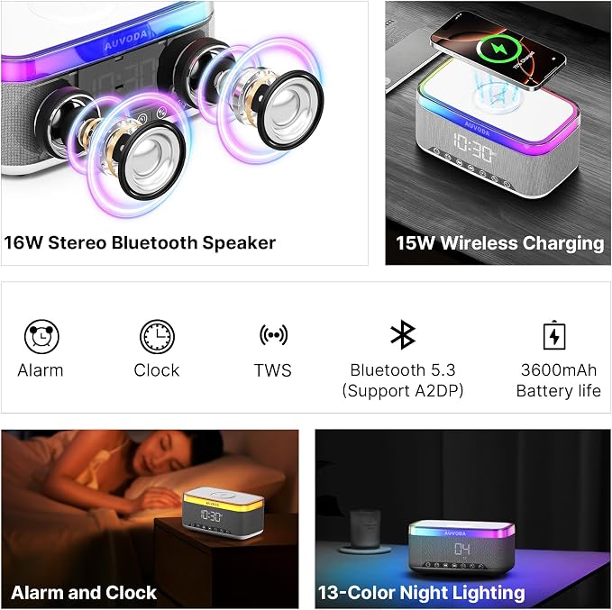 S300 Portable Bluetooth Speaker, 16 W Stereo, BT 5.3, TWS Pairing | 15 W Wireless Charging, 13-Color Night Light, Alarm Clock, TF AUX Inputs, Ideal for PC Smartphone Home Bedroom Office