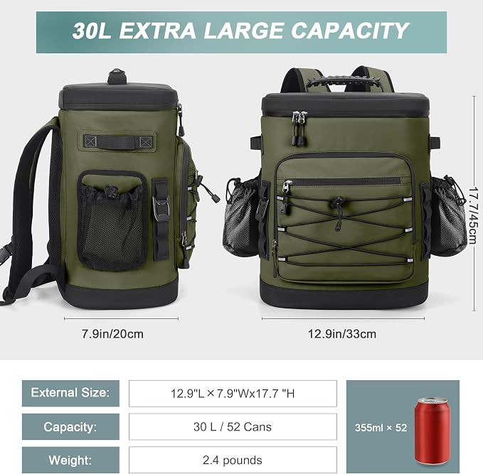 Large 52cans Cooler Backpack, Insulated, Waterproof, Leak Proof, 30L Large Capacity