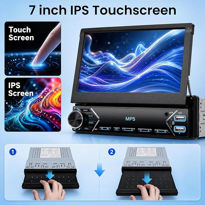 7 Inch Flip Out Touchscreen Car Stereo-Single DIN with Bluetooth 5.0, Mirror Link, Backup Camera & Type-C Fast Charging | Compatible with Most Vehicles