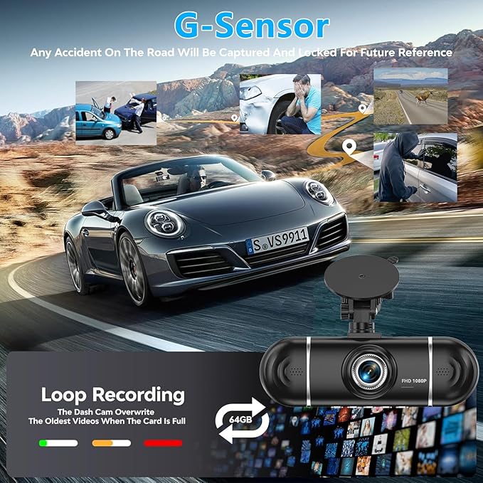 4 Channel Dash Cam Front and Rear Inside, 360° View 1080P Dash Camera for Cars, Super Night Vision, Gravity Sensor, Loop Recording, WDR, 24H Parking Mode, WiFi & APP Control, with 64GB Card