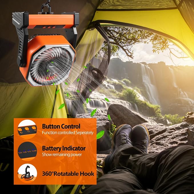20000mAh Battery Powered Camping Fan, 58Hrs Rechargeable Portable Fan, 400LM Light, 360° Hook, Whisper Quiet Battery Operated Fan for Outdoor Car Travel Gear Essentials Power Outages Co-brand AMACOOL