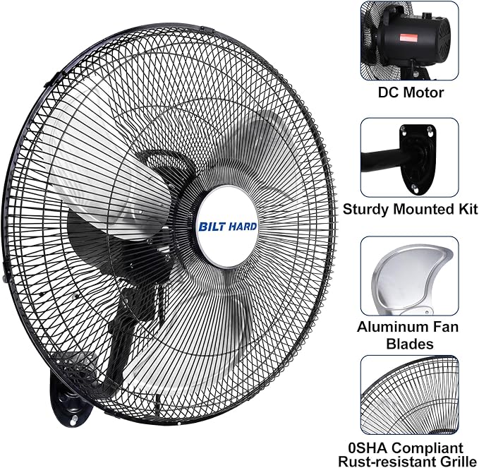 BILT HARD 20" 5200 CFM Wall Mounted Fan with Remote Control, 9-Speed Oscillating Wall Fan with DC Motor, High Velocity Whisper-Quiet Industrial Shop Fan for Garage, Warehouse