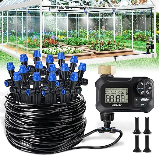 HIRALIY 59FT Drip Irrigation Kit with Water Timer, Quick-Connect Garden Watering System with 15 Adjustable Misting Nozzles, 1/4 in Tubing for Greenhouse, Hanging Plants & Raised Beds