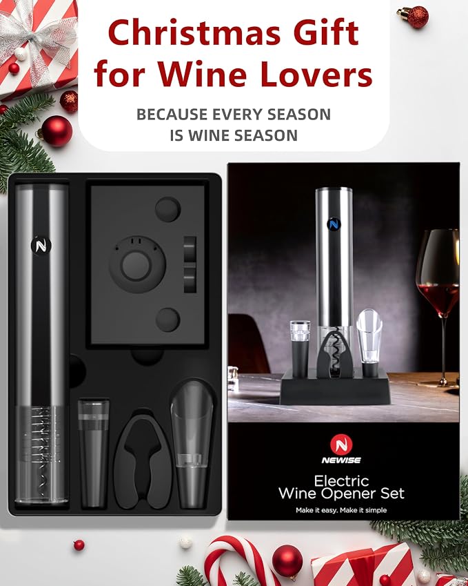 Newise Rechargeable Electric Wine Gift Set: Wine Opener, Aerator, Vacuum Stoppers & Foil Cutter - Luxury Wine Lovers Gifts for Women Men