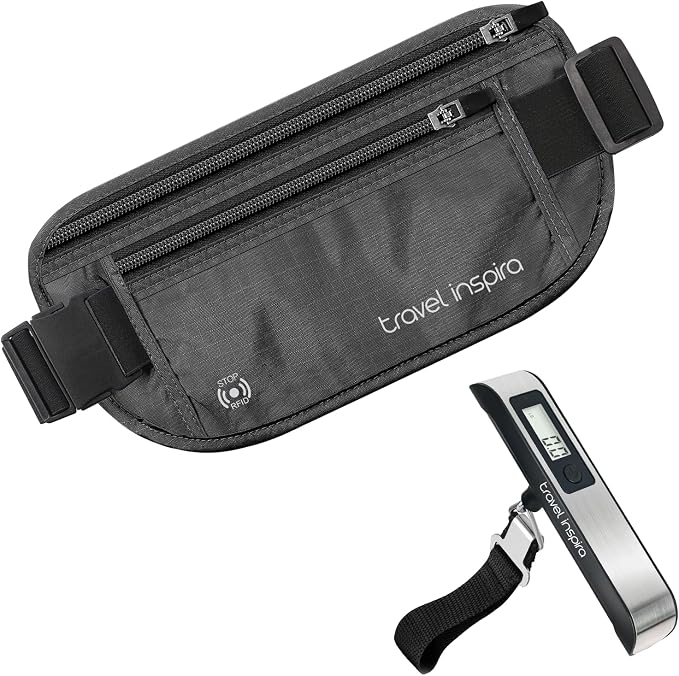 travel inspira RFID Blocking Travel Money Belt with Anti-Thief Zip - Slim Passport Holder and Digital Luggage Scale 110 Pounds, Battery Included