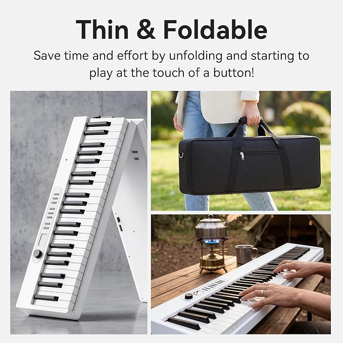 Carina Piano Keyboard, 88 Keys Full Size Semi Weighted Foldable Piano, Portable Electronic Keyboard Piano, Sustain Pedal, Keyboard Stickers, Music Stand and Piano Bag (White)