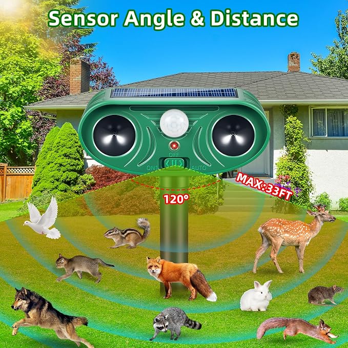 2026 Upgraded Solar Ultrasonic Animal Repellent Motion Activated Deer Repellen Outdoor with Adjustable Frequency Cat Deterrent to Keep Dog Raccoon Squirrel Rabbit Away from Yard Garden 4 Pack